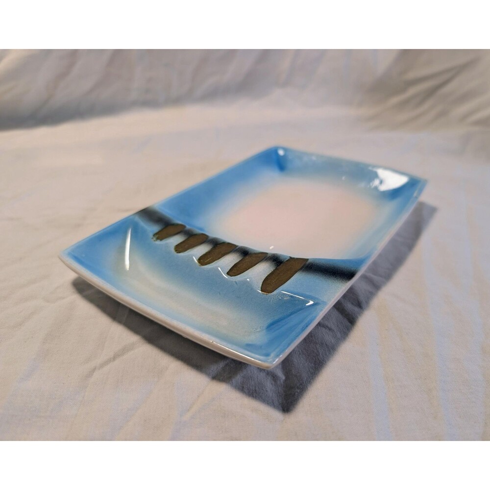 Vintage Mid-Century Modern Turquoise Ceramic Ashtray - Blue White